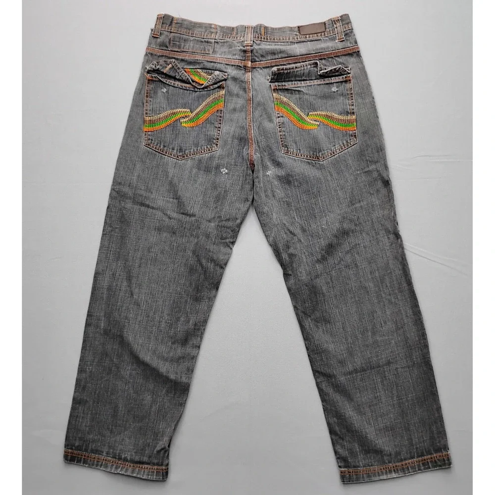 RR Mens Straight Leg Grey Denim Jeans Orange Stitch 42x32 Y2k Baggy